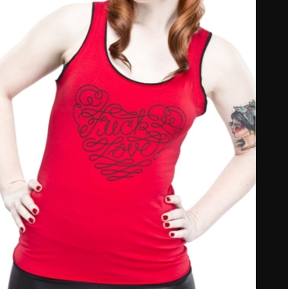 Sourpuss F@ck Love Scroll Red Broken Heart Tank Top Shirt w Heart Cutout in Back - Picture 2 of 3